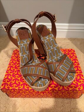 Tory Burch Brown Leather & Multicolor Espadrille Wedge Sandals